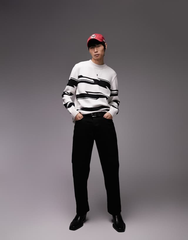 Topman regular knitted crew neck sweater with twisted stripe in mono