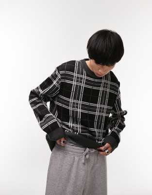 Topman regular knitted crew neck with mono check in gray