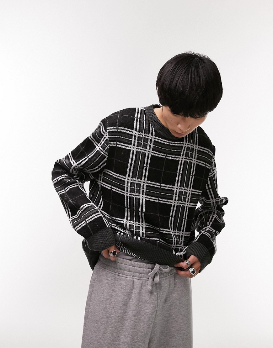 Topman Regular Knitted Crew Neck With Shadow Check In Gray