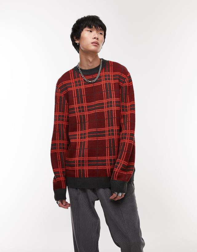 Topman regular knitted crew neck with shadow check in red