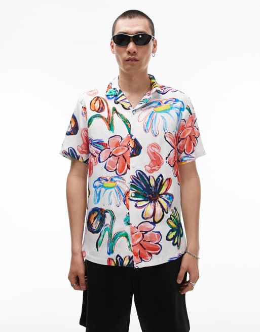 Topman - Regular overhemd met korte mouwen, reverskraag en abstracte print in multi
