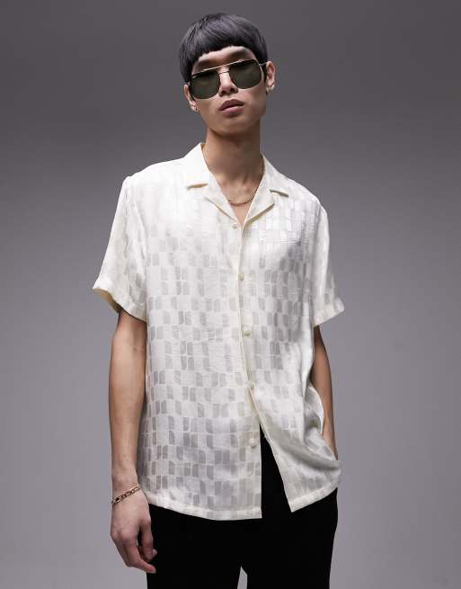 Topman - Regular overhemd van jacquard met korte mouwen en reverskraag in wit