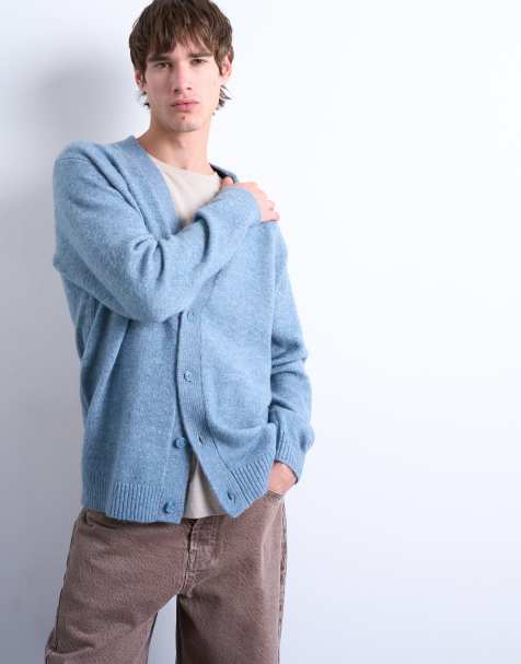 Topman regular v neck cardigan in mid blue - view 1