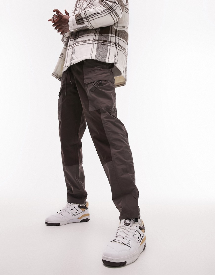 Topman relaxed belted cut and sew cargo pants in black-Brown