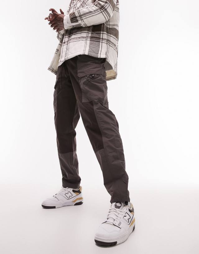 Topman relaxed belted cut and sew cargo pants in brown