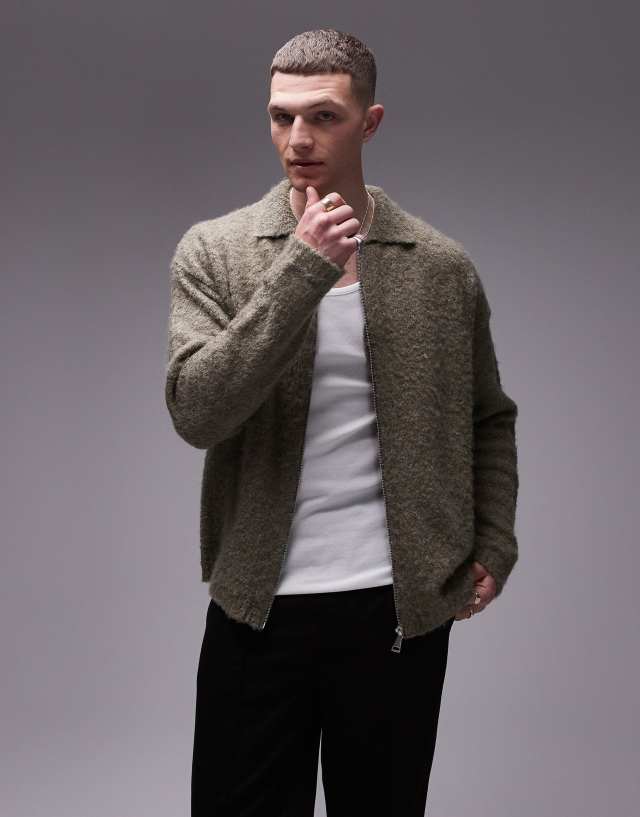 Topman - relaxed boucle zip through cardigan in khaki