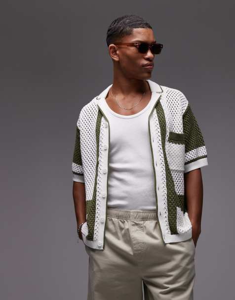 Topman relaxed button through crochet polo with abstract detail in stone - view 1