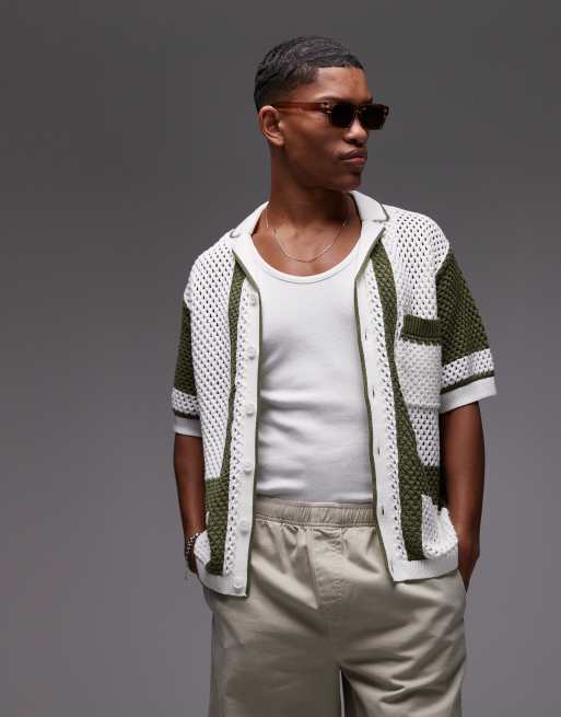Topman relaxed button through crochet polo with abstract detail in stone