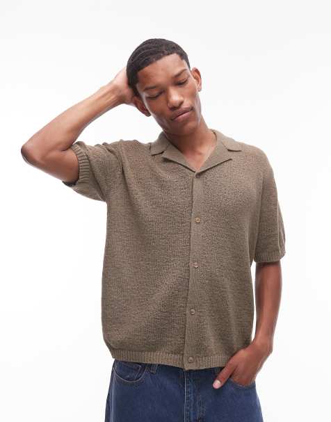 Topman relaxed camp collar button up shirt with jersey stitch in khaki - view 1