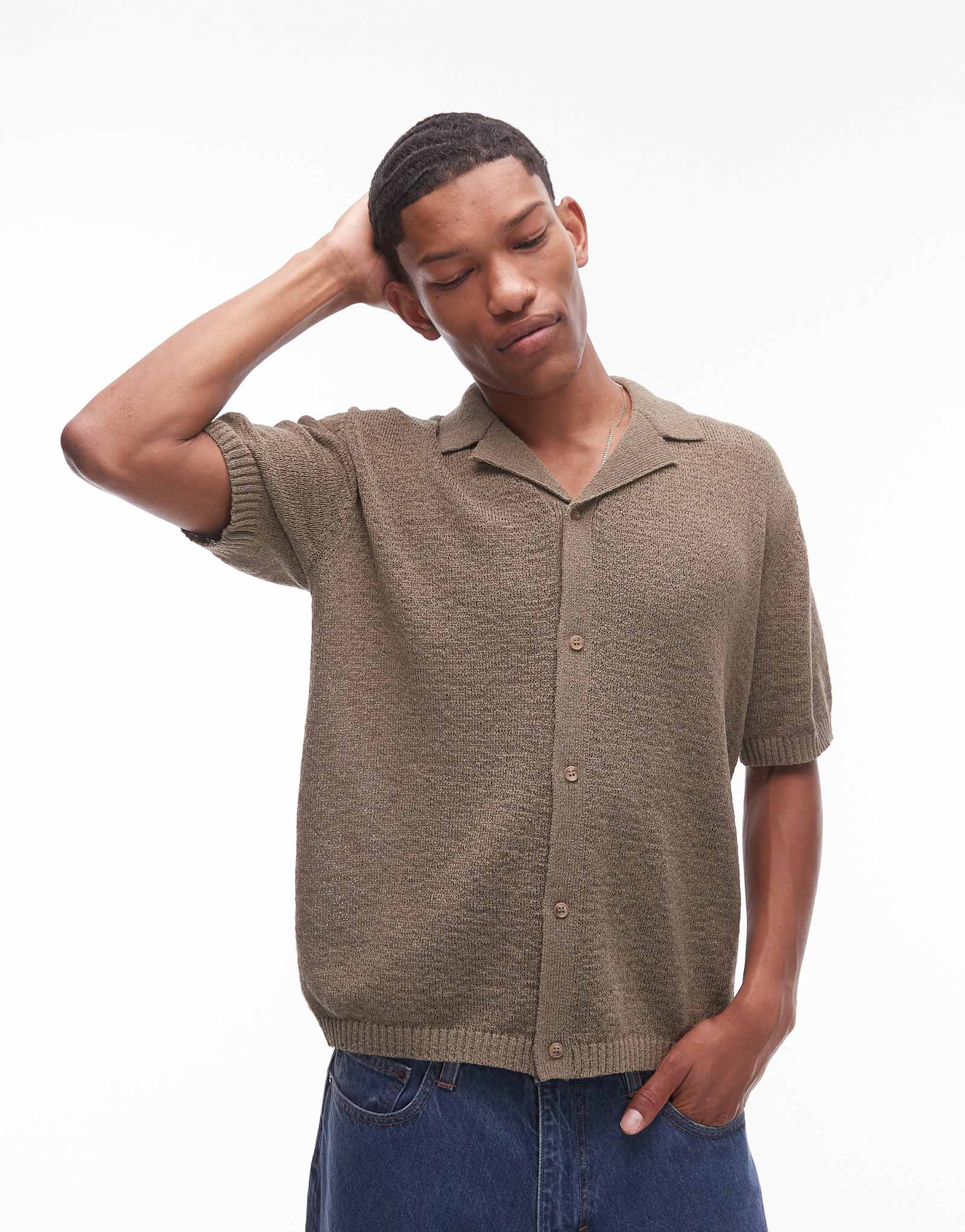 Рубашка Topman с отложным воротником на пуговицах и трикотажной строчкой цвета хаки