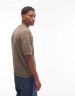Topman Relaxed Camp Collar Button Up Shirt With Jersey Stitch In Brown