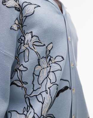 Topman Relaxed Camp Collar Knit Embroidered Floral Shirt In Blue