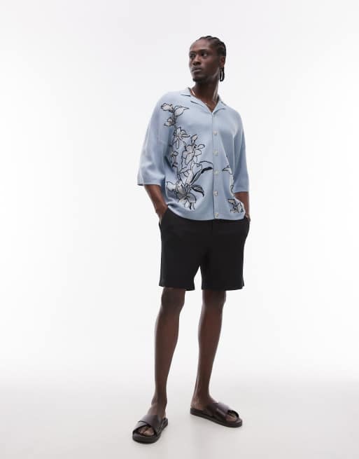 Topman relaxed camp collar knit embroidered floral shirt in light blue, 4 of 4