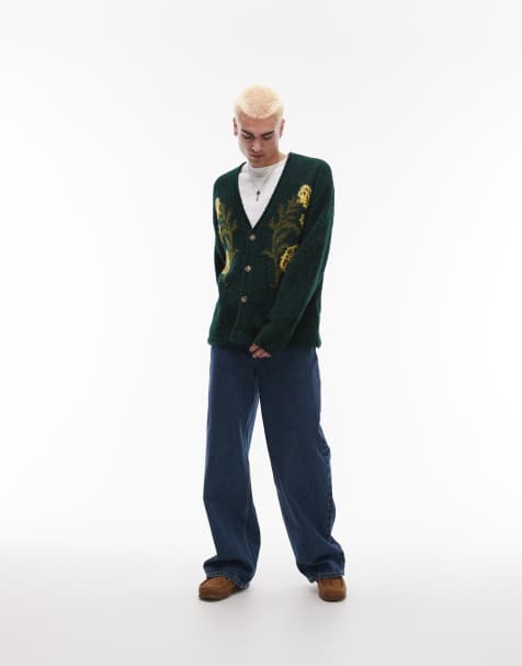 Topman relaxed cardigan in green with floral jacquard pattern - view 1