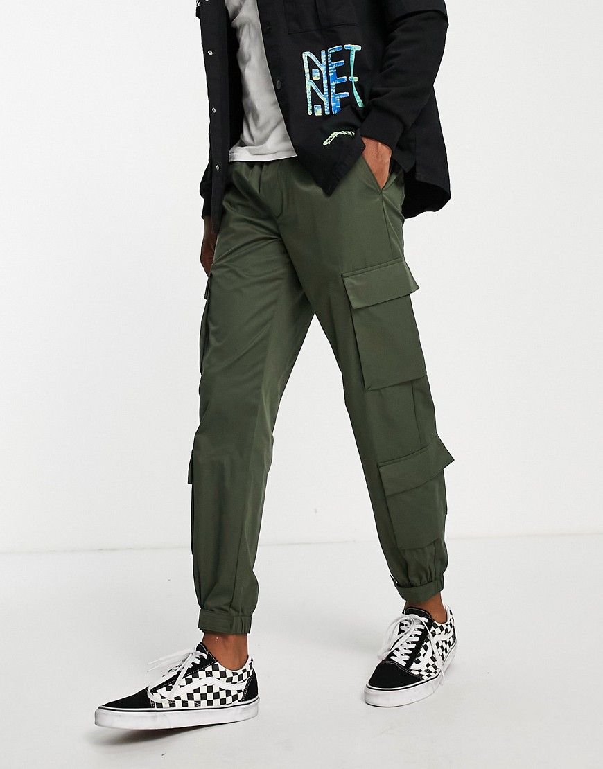 Topman relaxed cotton nylon cargo pants with velcro cuff in khaki-Green