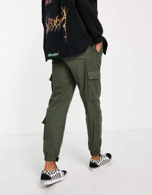 Topman relaxed cotton nylon cargo pants with velcro cuff in khaki