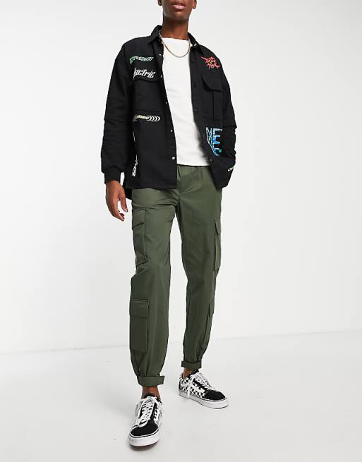 Topman relaxed cotton nylon cargo pants with velcro cuff in khaki Topman relaxed cotton nylon cargo pants with velcro cuff in khaki