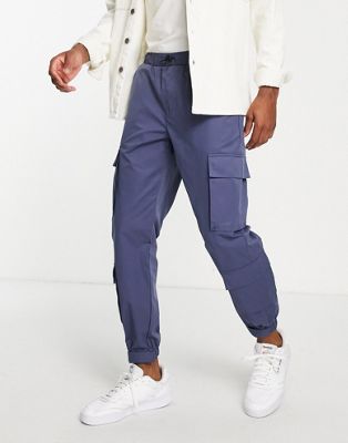 Topman relaxed cotton nylon cargo trousers with velcro cuff in blue