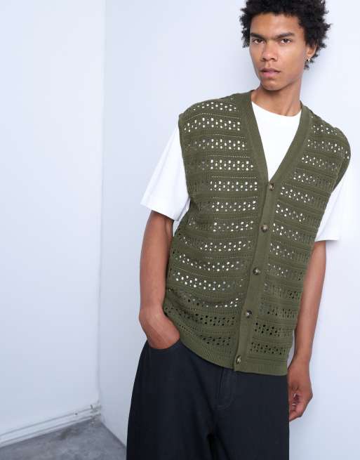 Topman relaxed crochet button through vest in khaki