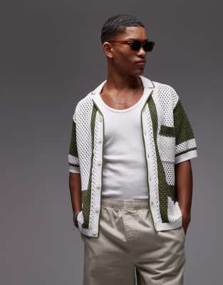 relaxed crochet button up polo shirt with abstract detail in stone-Neutral