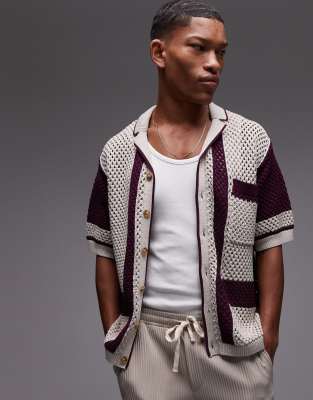 relaxed crochet button up polo with abstract detail in mauve-Purple