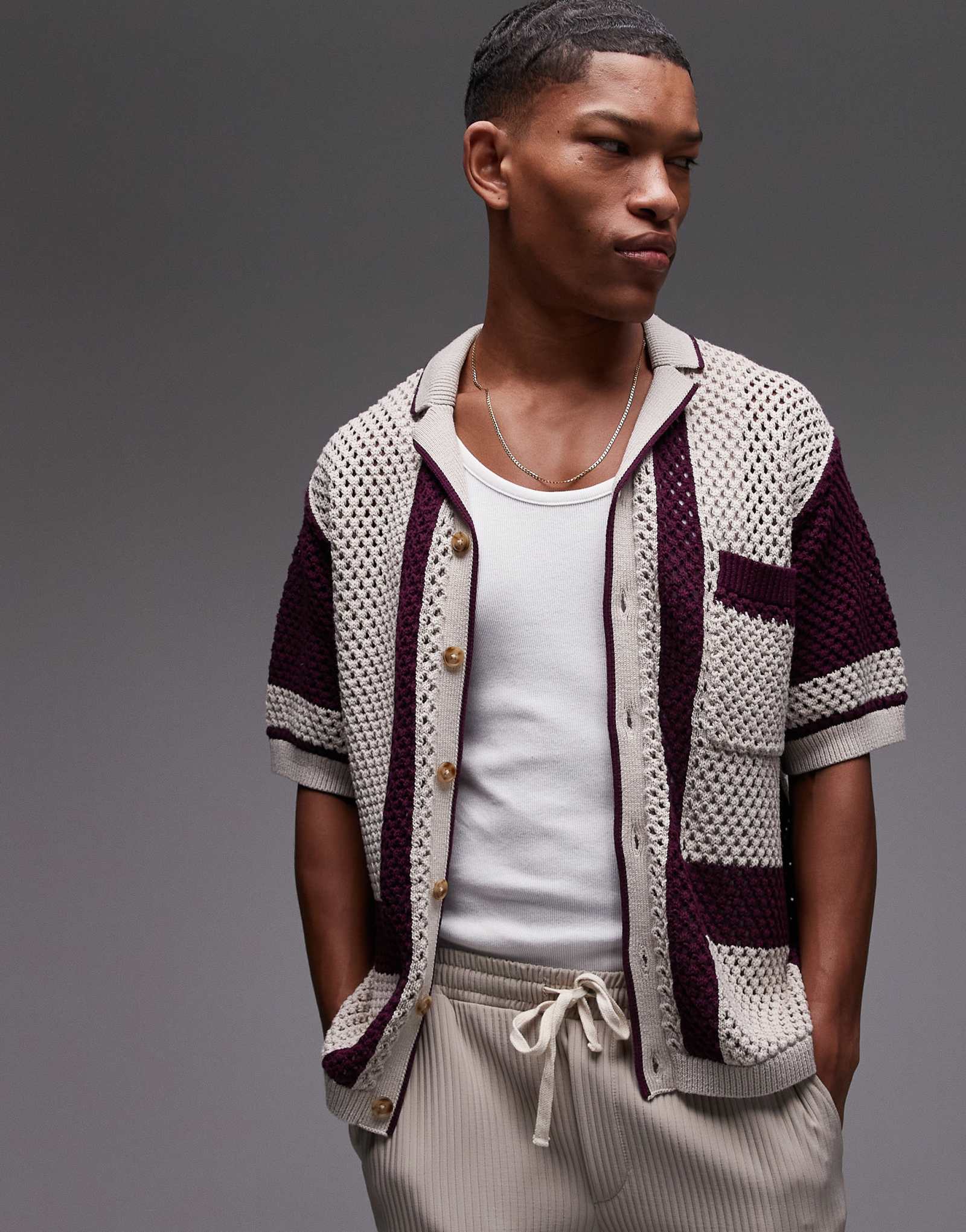 Вязаное поло на пуговицах свободного кроя Topman с абстрактными деталями сиреневого цвета