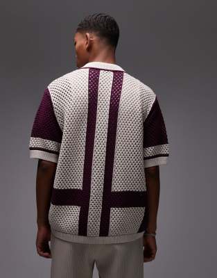Topman Relaxed Crochet Button Up Polo With Abstract Detail In White