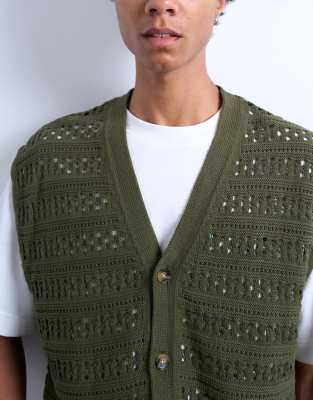 Topman Relaxed Crochet Button Up Vest In Green