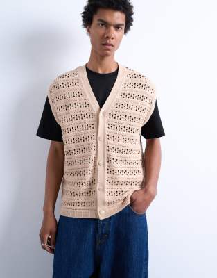 Topman Relaxed Crochet Button Up Vest In Neutral