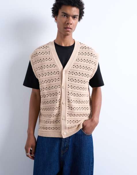 Topman relaxed crochet button up vest in stone - view 1