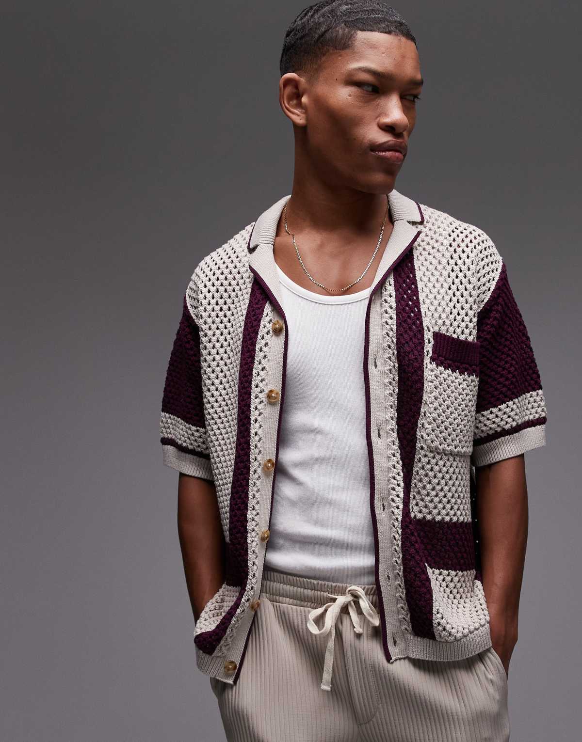 Topman relaxed crochet with abstract detail button through in mauve