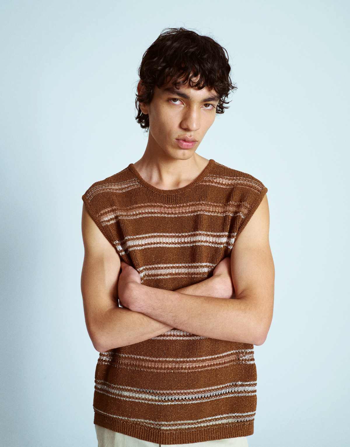 Topman relaxed crocket tank with metallic yarn in brown