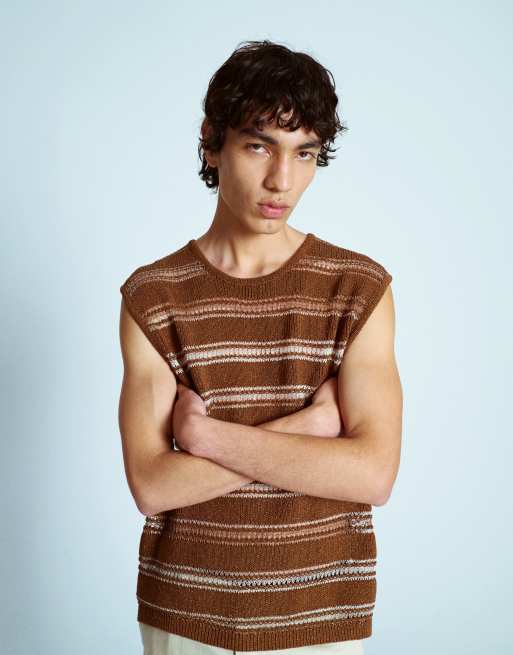Topman relaxed crocket tank with metallic yarn in brown