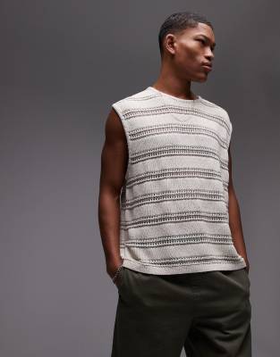 relaxed crocket tank with metallic yarn in stone-Neutral