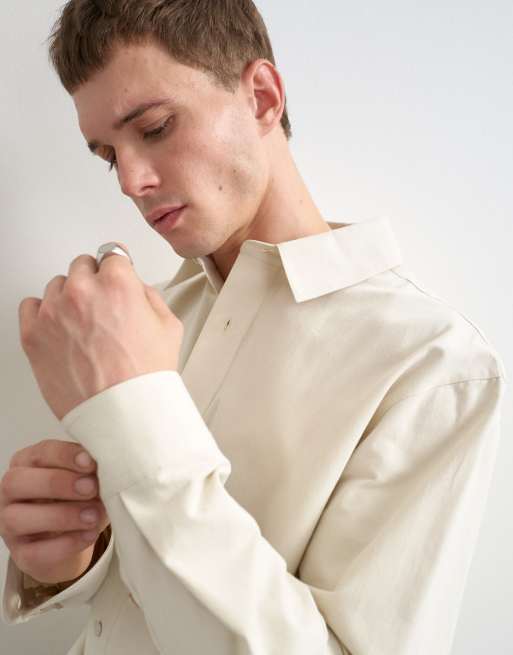 Topman relaxed crop fit brushed cotton shirt in ecru, 2 of 5