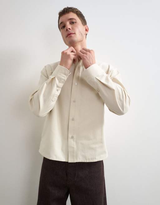 Topman relaxed crop fit brushed cotton shirt in ecru, 4 of 5