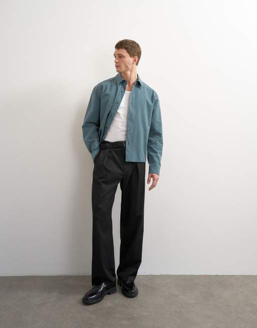 Topman relaxed crop fit brushed cotton shirt in slate, 4 of 5