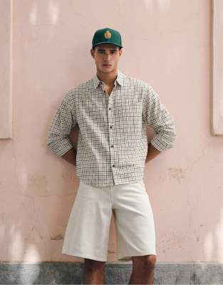Relaxed crop fit check shirt in ecru