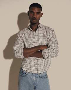 Relaxed crop fit check shirt in ecru