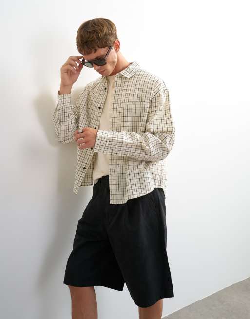 Topman relaxed crop fit check shirt in ecru, 6 of 10