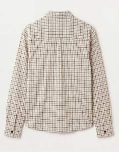 Model wearing Relaxed crop fit check shirt in ecru