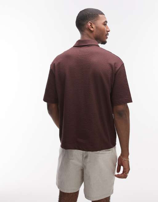 Topman relaxed crop fit polo shirt with seersucker stripe in brown, 3 of 4