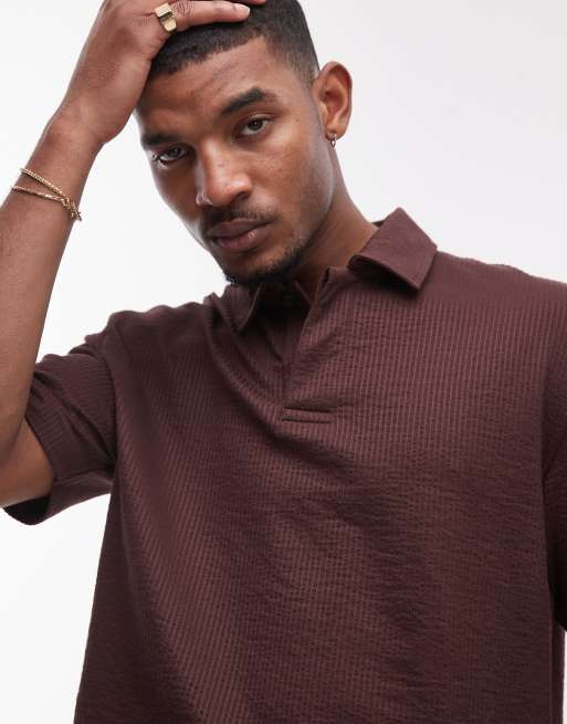 Topman relaxed crop fit polo shirt with seersucker stripe in brown, 4 of 4