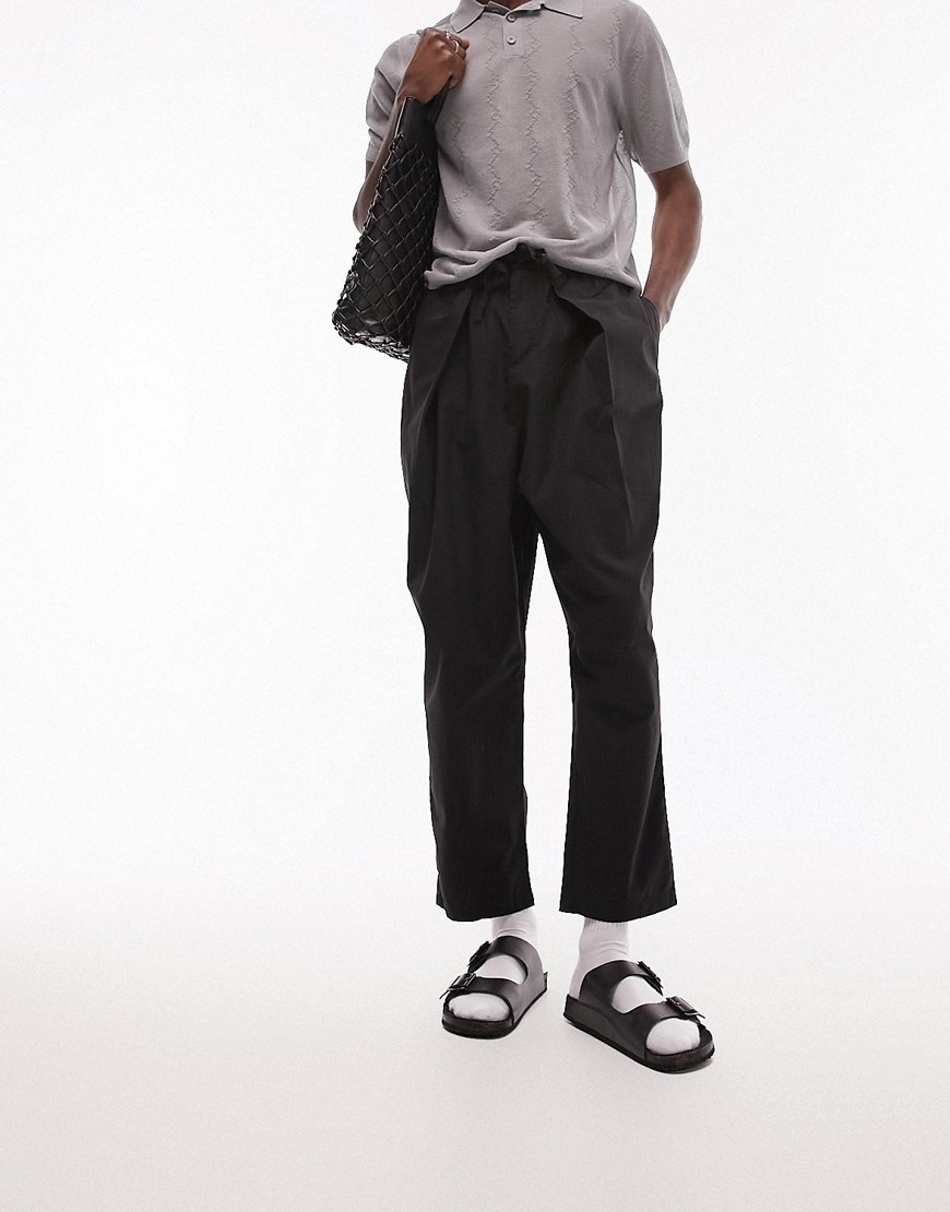 Topman relaxed cropped extreme pleated paper touch trousers in black
