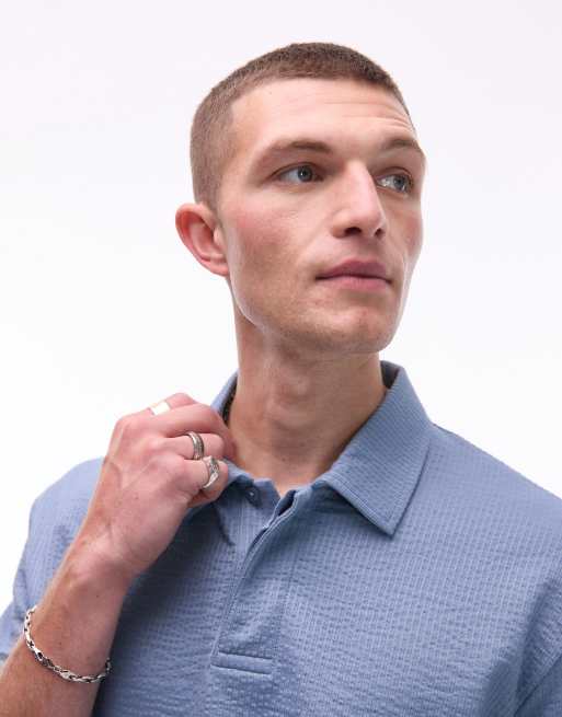 Topman relaxed cropped fit polo shirt with seersucker stripes in blue, 2 of 4