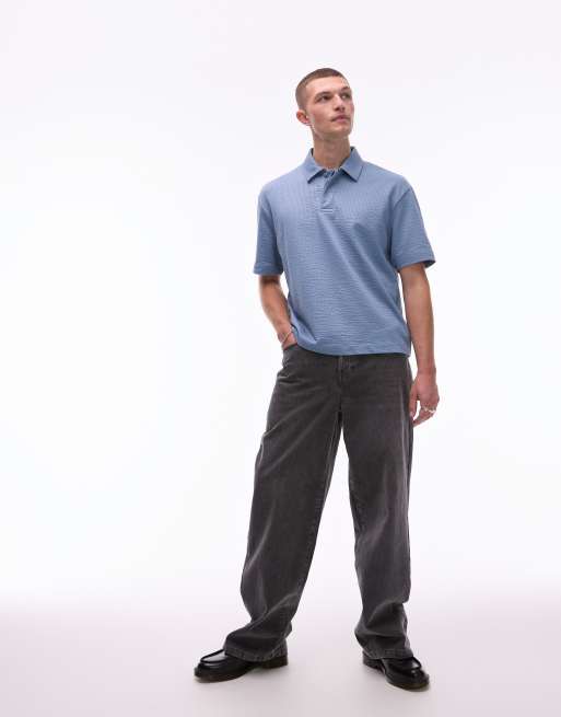 Topman relaxed cropped fit polo shirt with seersucker stripes in blue, 3 of 4