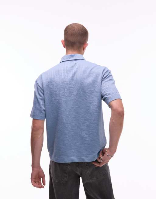 Topman relaxed cropped fit polo shirt with seersucker stripes in blue, 4 of 4