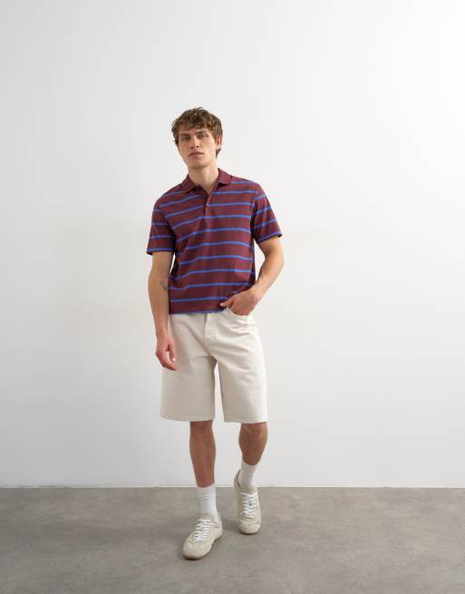 Topman relaxed cropped fit striped polo in dark burgundy, 2 of 5