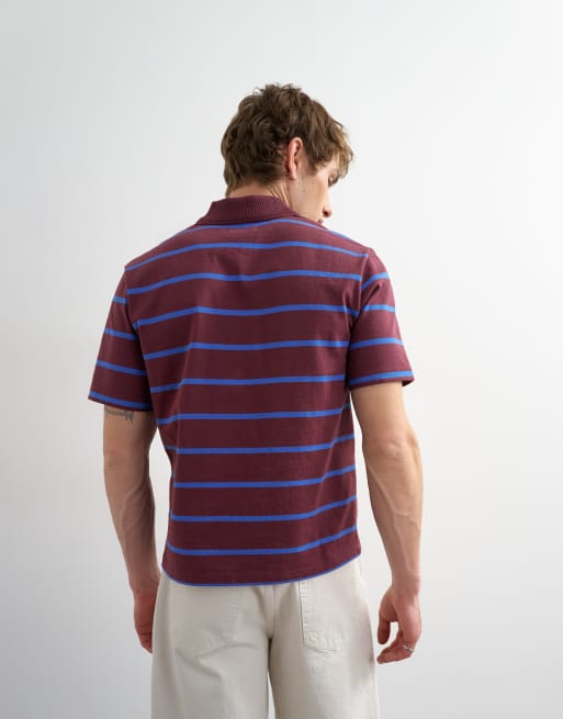 Topman relaxed cropped fit striped polo in dark burgundy, 3 of 5