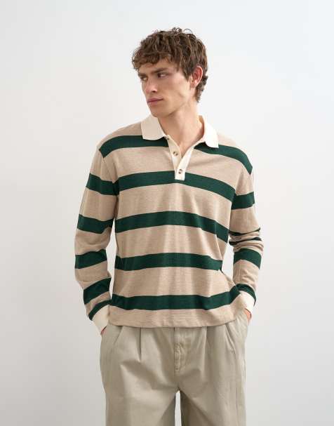 Topman relaxed cropped wool mix long sleeve rugby polo in stone and green - view 1